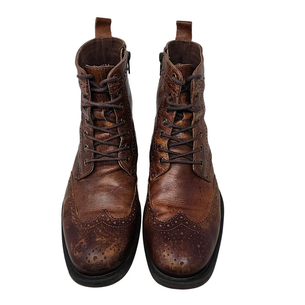 Aston Grey Wingtip Combat Boots 9 Mens Brown Leather Oxford Zip Up Distressed